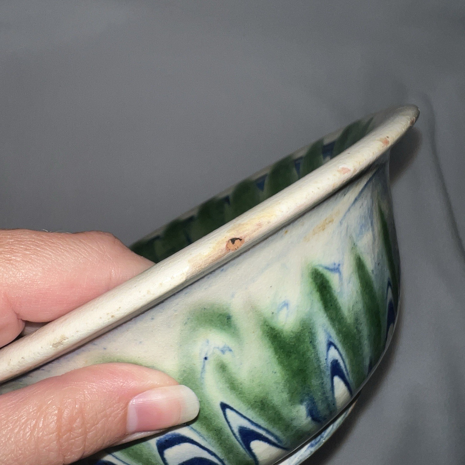 MCM Folk Art Serving Bowl peacock slip trail glaze green and blue swirl mofit