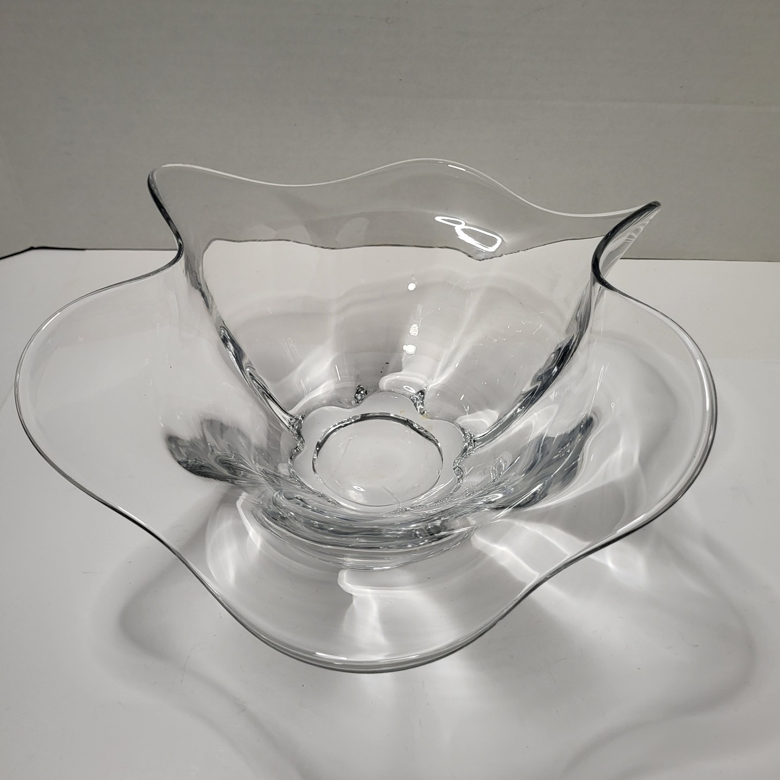 Vintage Clear Glass Flower Shaped Bowl, Pinched Sides, Art Bowl, Ruffled