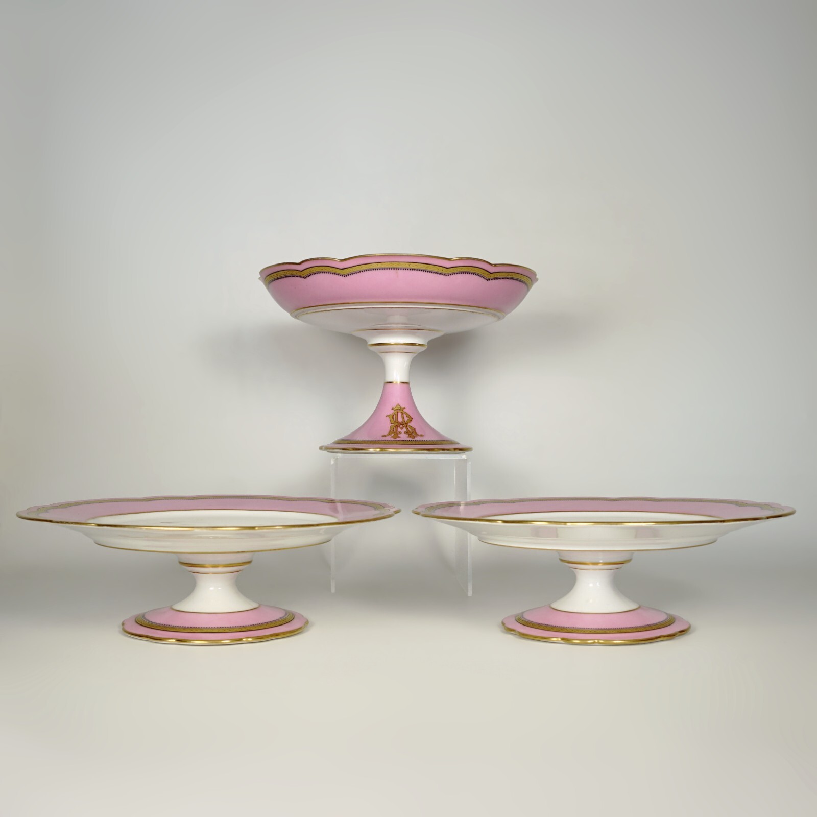 Antique French Old Paris Porcelain Pompadour Pink Dessert Service Plates Set