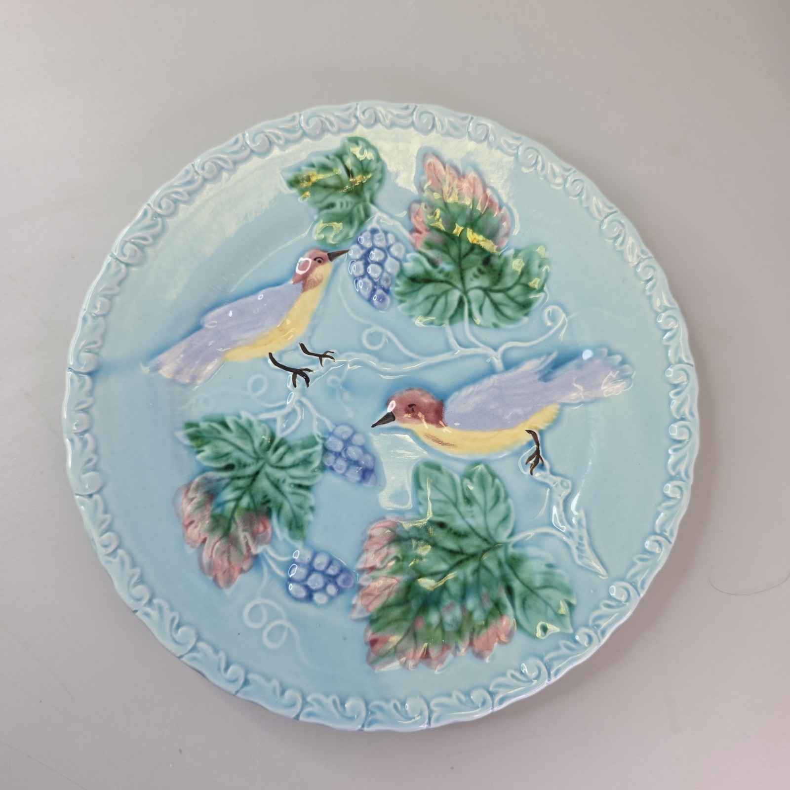 German Majolica Plate 7.75in Blue Raised Birds Grapevine 230 Vintage W Germany