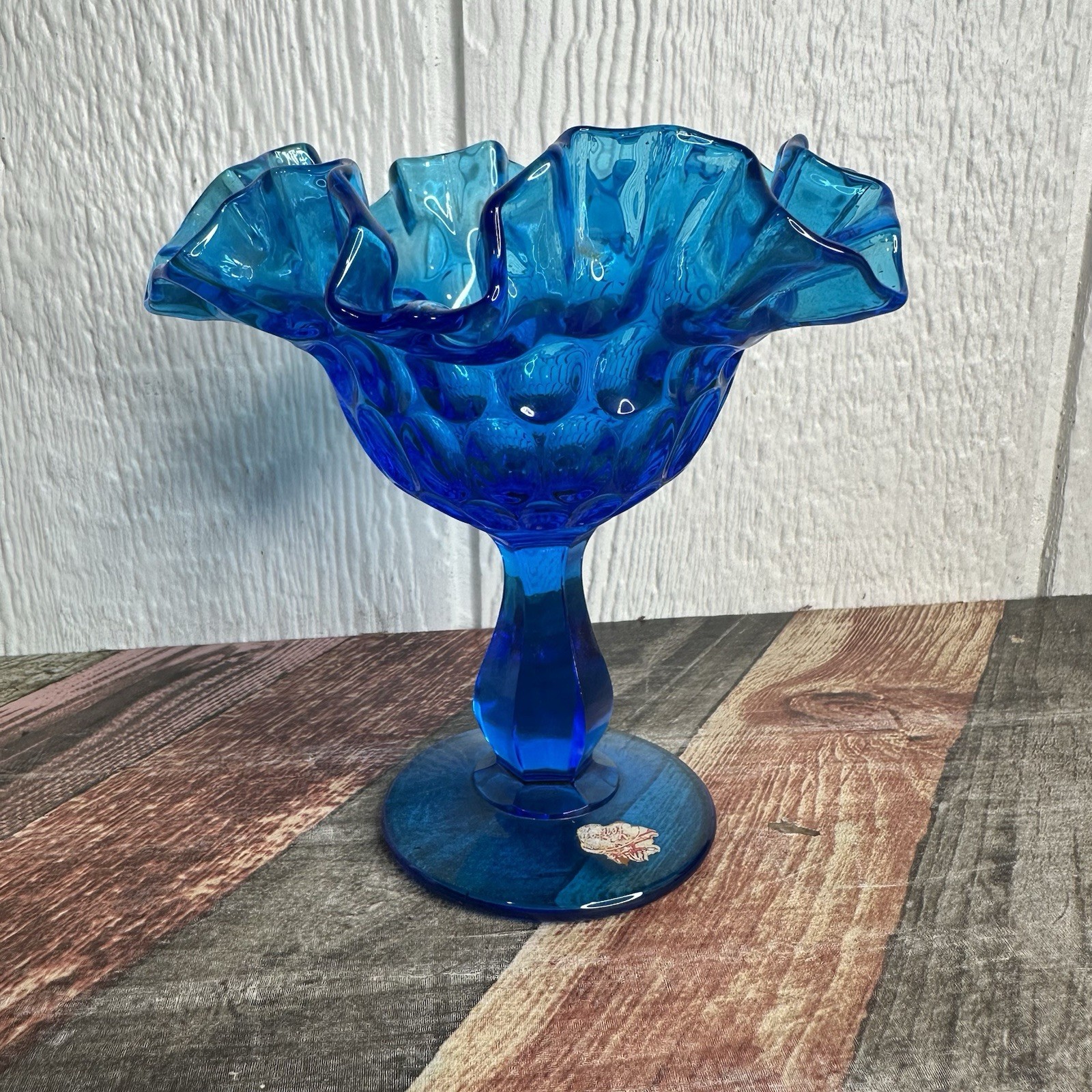 Vintage MCM Fenton Blue Cobalt Glass Thumbprint Pedestal Compote Candy Dish