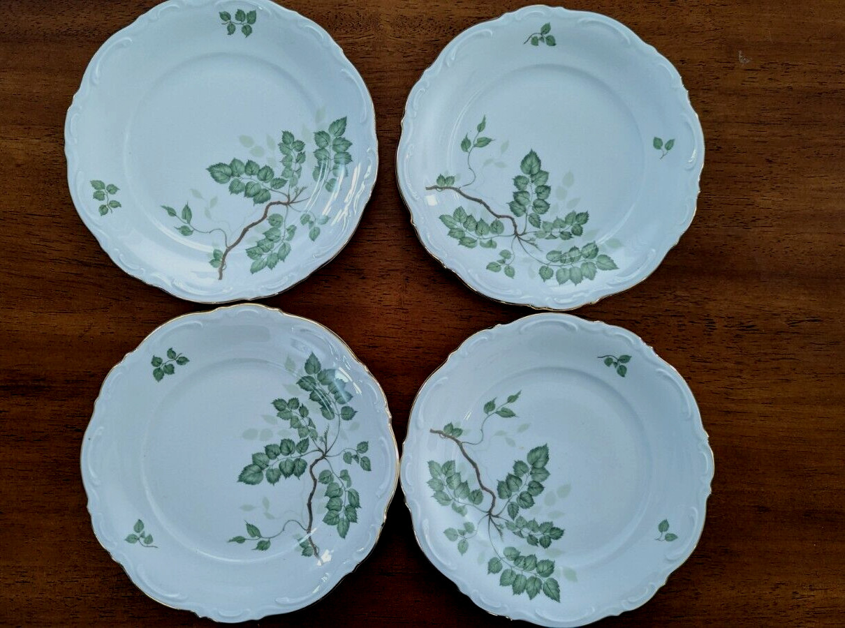 Set of 4 Vintage Mitterteich “Green Leaves” 6 3/4″ Bread/Dessert Germany Perfect