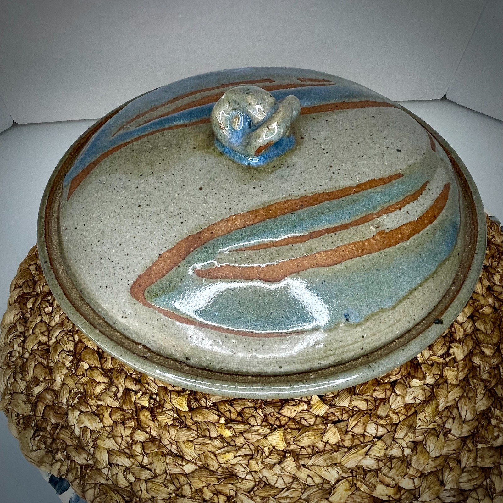 Stoneware Lidded Serving Dish Crock Rustic Pottery Blue Tan Gray Handmade Signed