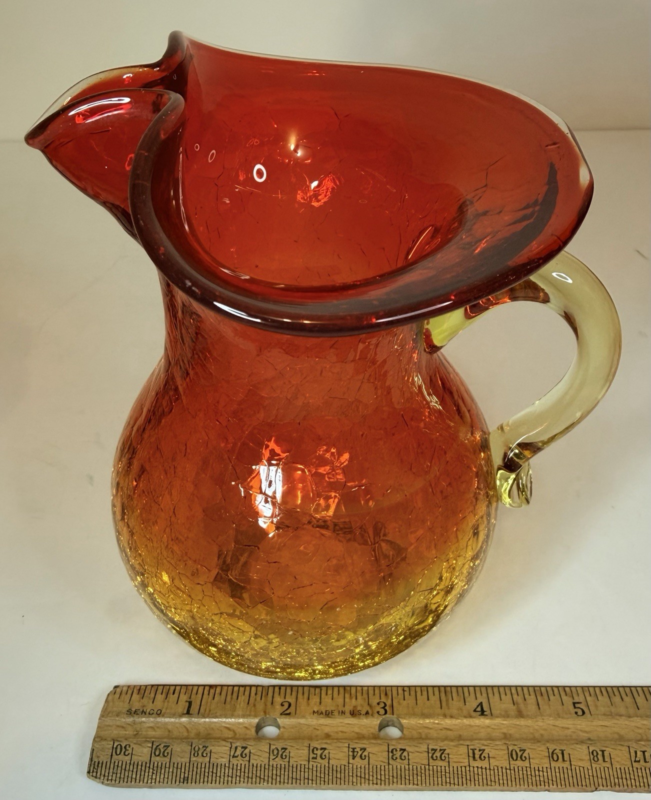 Vintage Crackle Hand Blown Art Glass Amberina Pitcher w Applied Handle 6” EB78