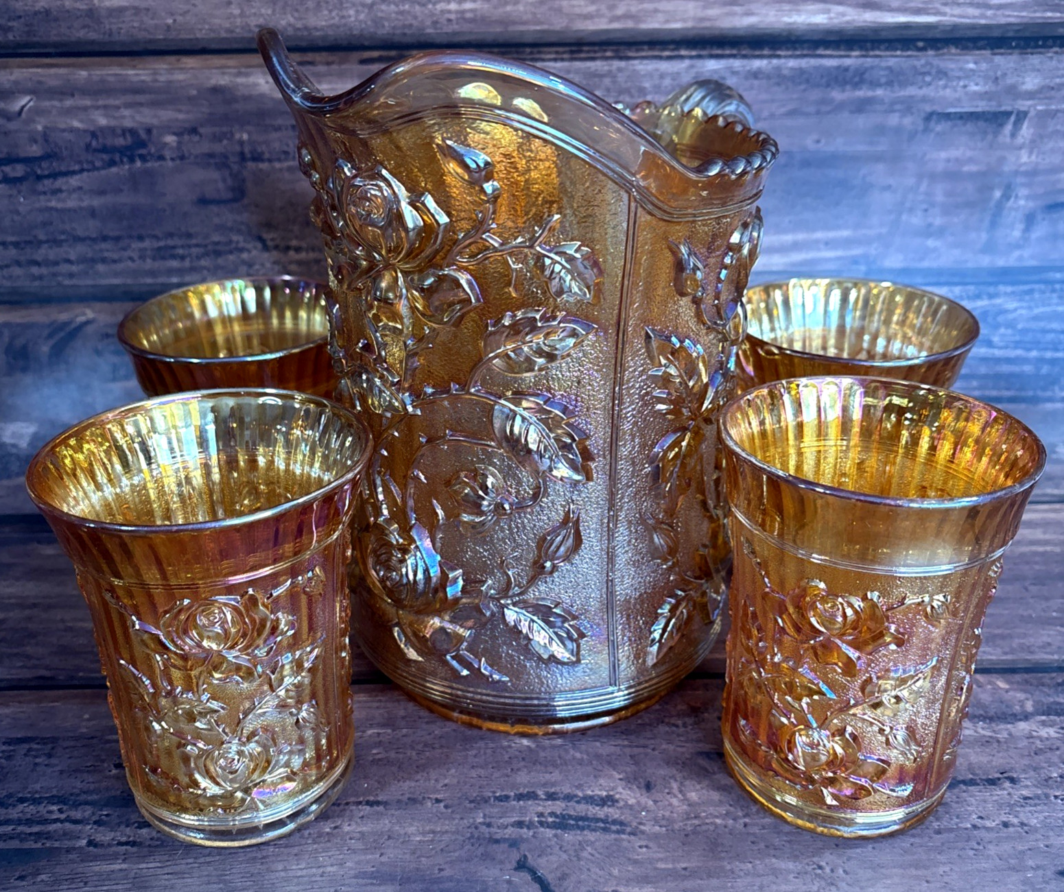 Vintage Imperial Marigold Carnival Glass Water Pitcher With Set of Four Glasses