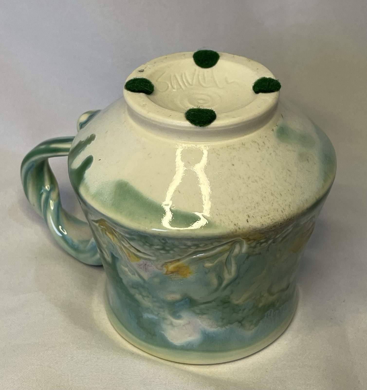 Handmade Studio Art Pottery Mug Leaf Imprint Green Drip Glaze signed by artist