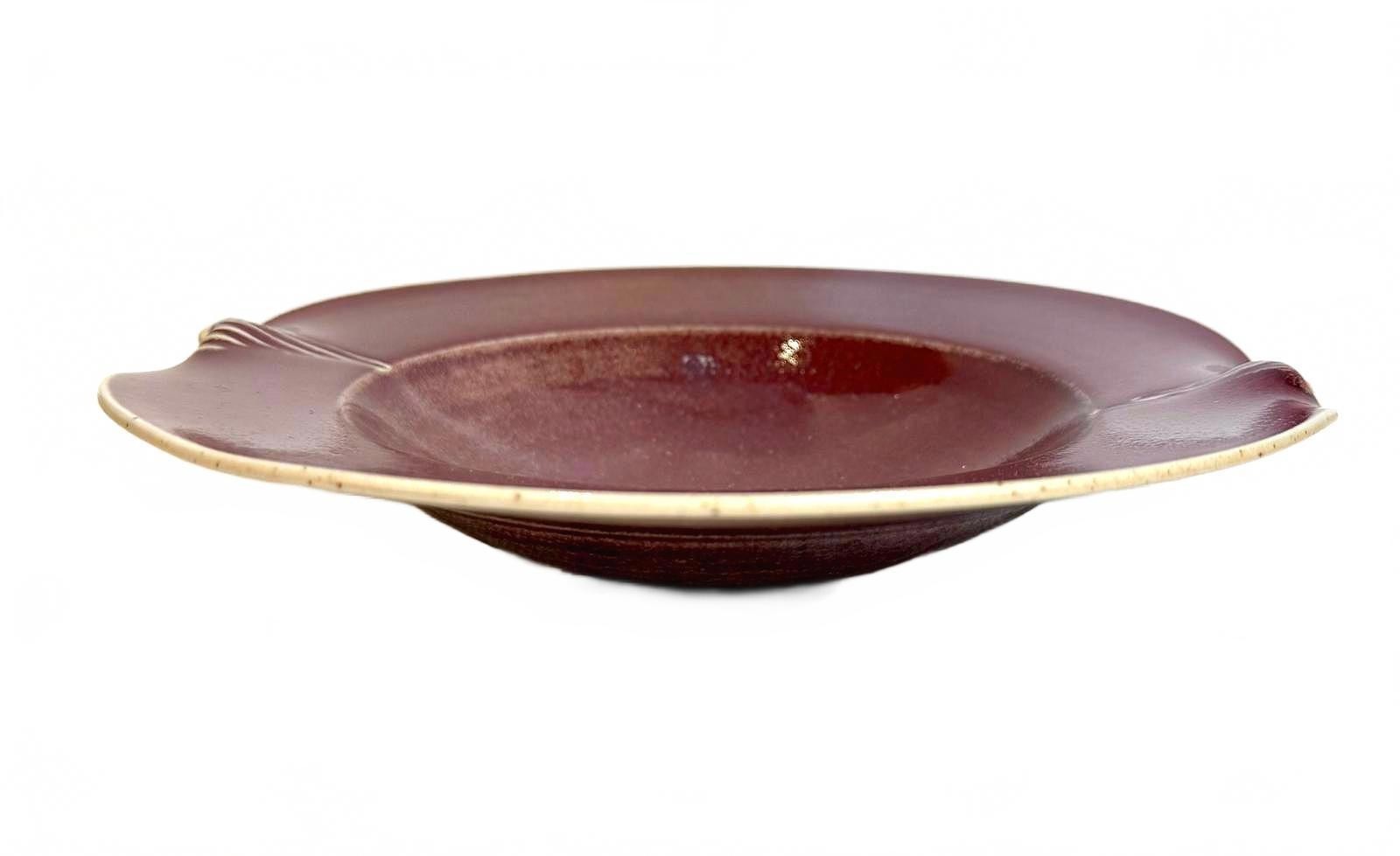 Vintage Oxblood Stoneware 9 in Bowl Decorated Notched Rim Studio Pottery Signed