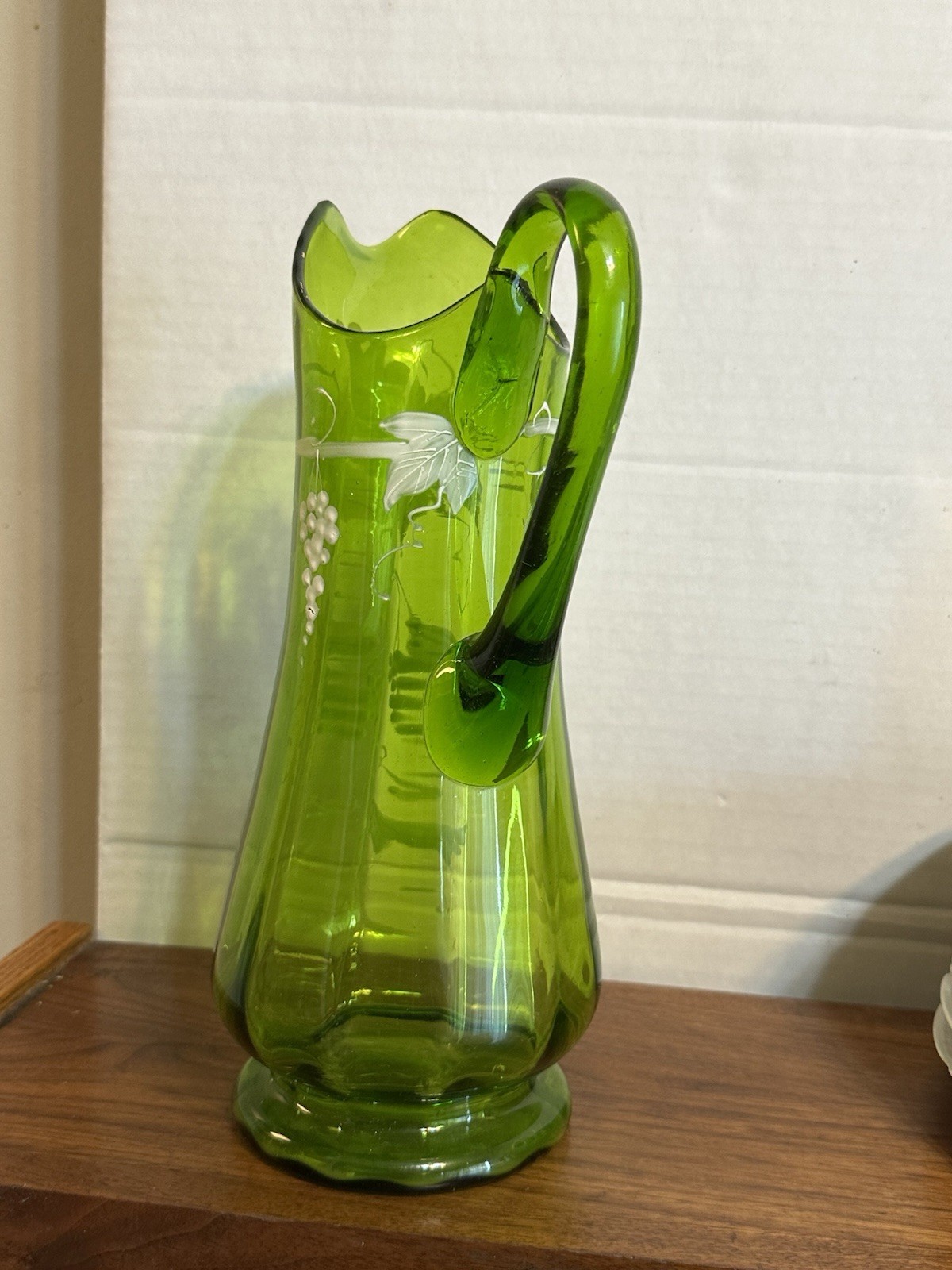 Antique Victorian Green Glass Hand Blown Pitcher 3-D Enamel Work Grape Vines