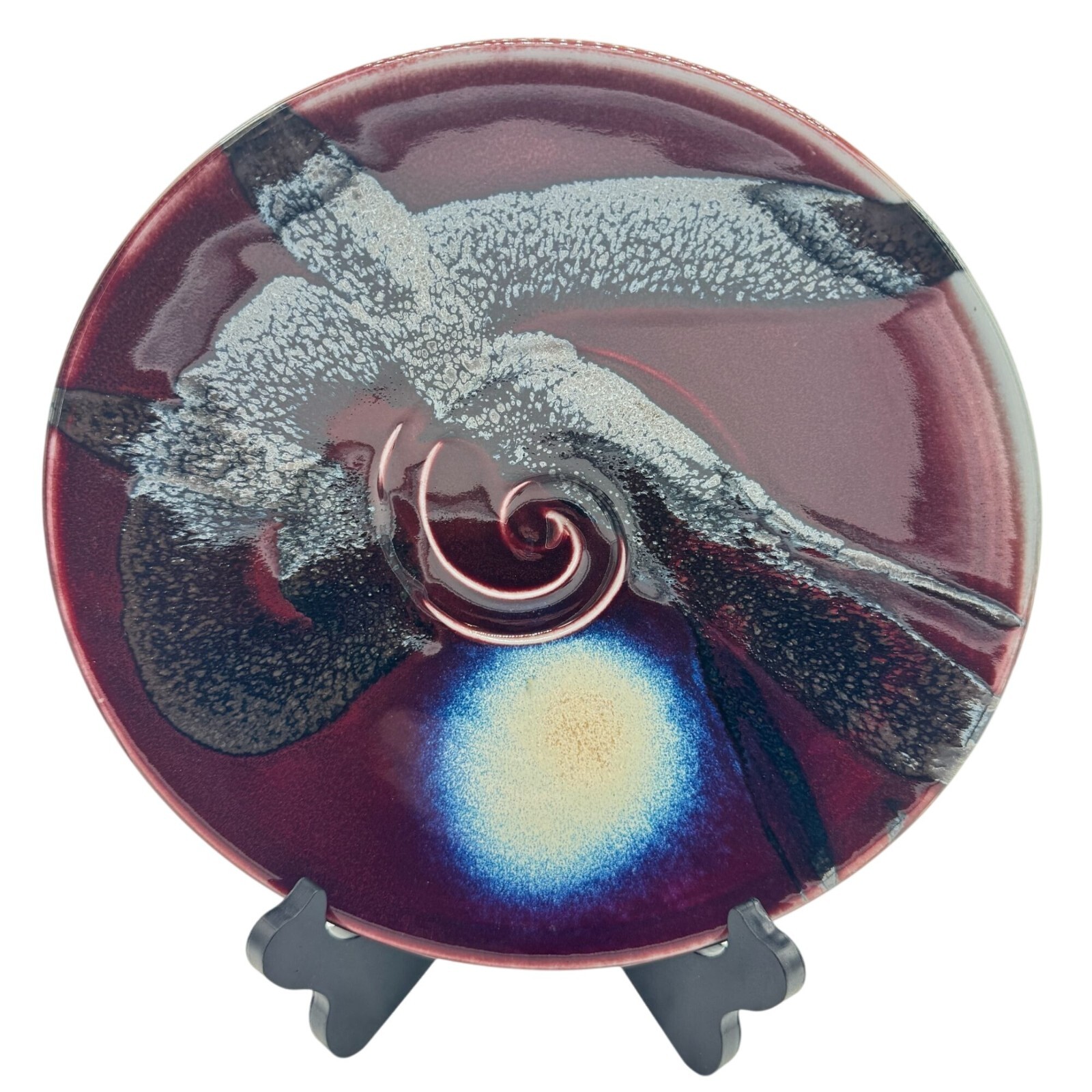 Matthew Patton Studio Pottery Bowl Abstract Swirl Blue Accents 10.25″ D