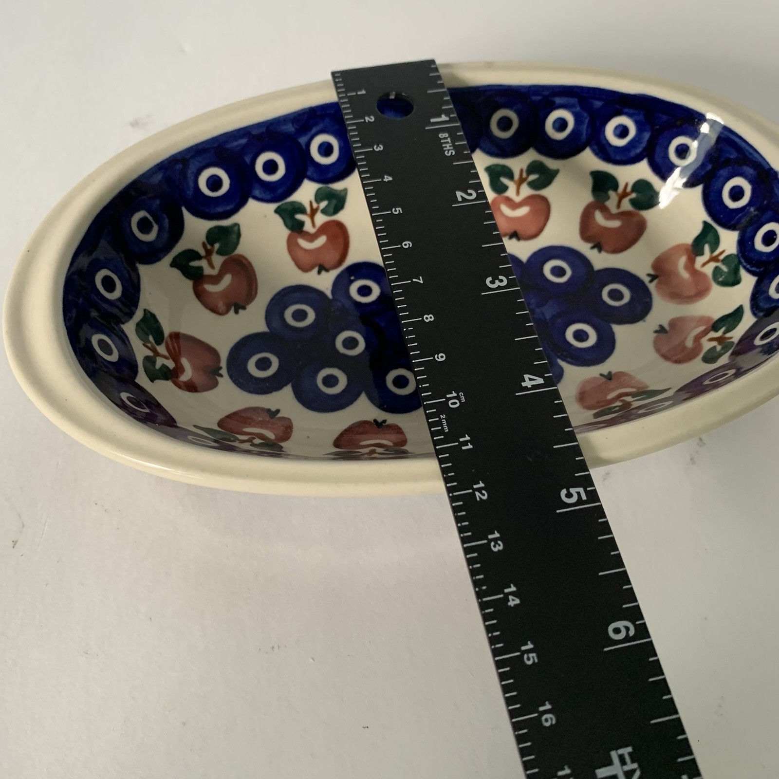 Boleslawiec Polish Pottery Handpainted Small Oval Dish Apples/Leaves Pattern
