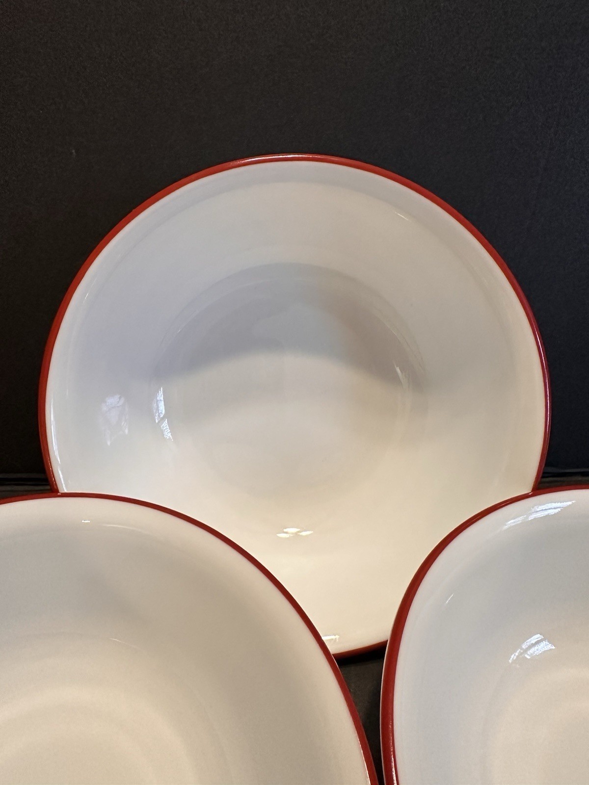 3 Corelle Splendor /Simple Line Cereal /Soup Bowls White with Red Trim 6 1/4″