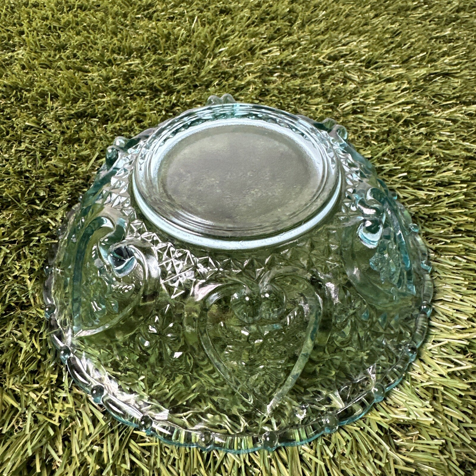 KIG Indonesia Turquoise Blue Candy Dish Pressed Beaded Glass Vintage MCM Roses