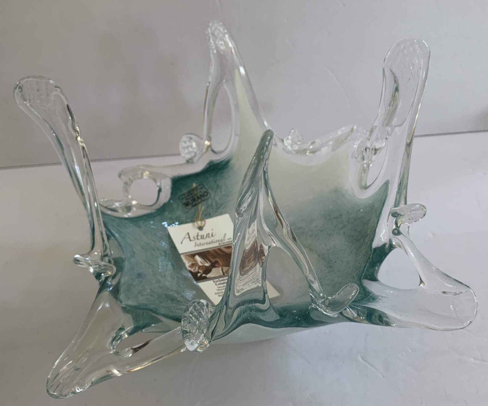 Murano Style Art Glass Mouth Blown Bowl Teal Aqua Blue White Exquisite All Tags