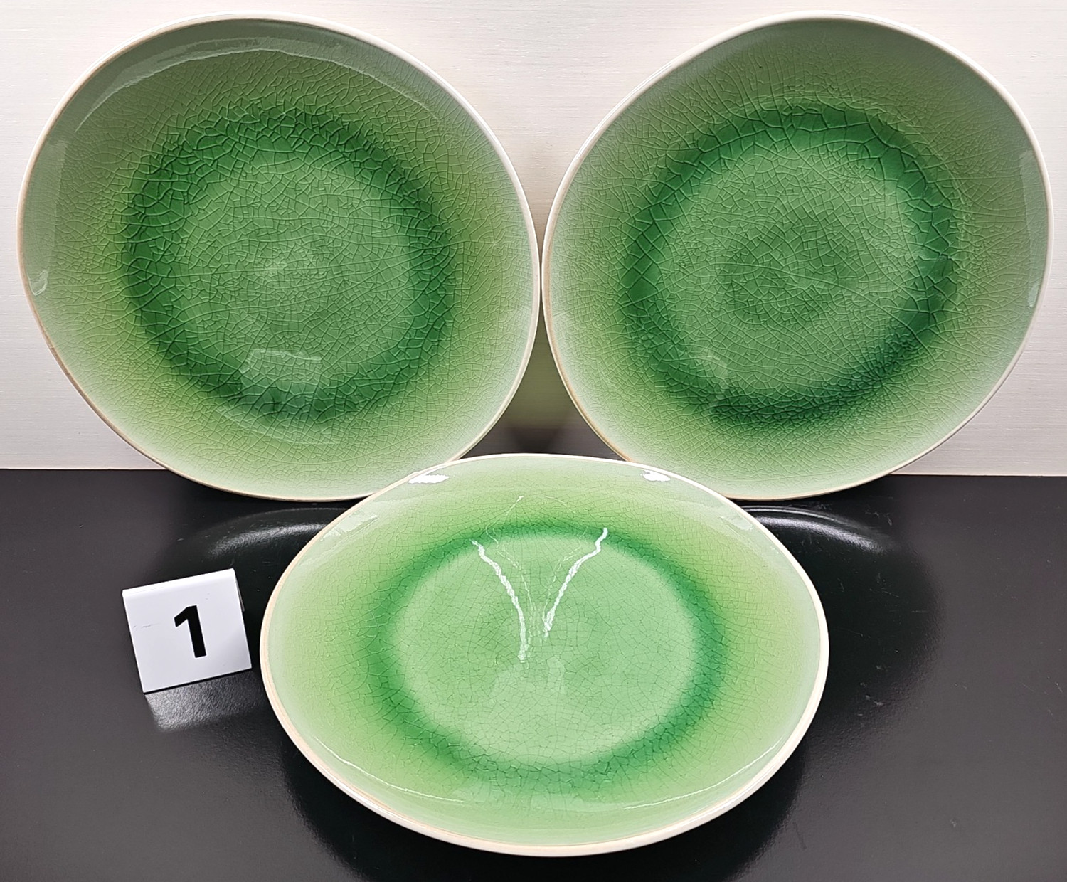 6 Roscher Crackle Glass Green Dinner Plates Set Elegant Stoneware Table Dish Lot