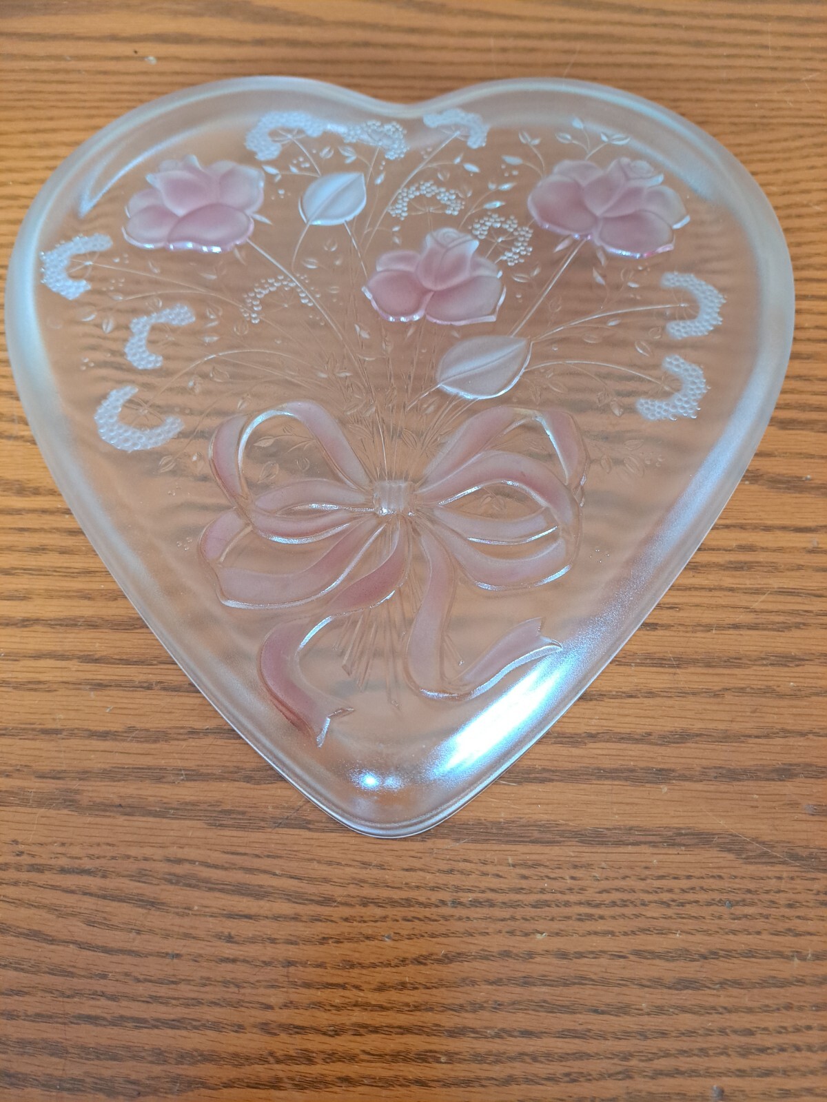 Mikasa Crystal GlassVintage Valentine Heart Shaped Serving Plate w/ Pink Roses