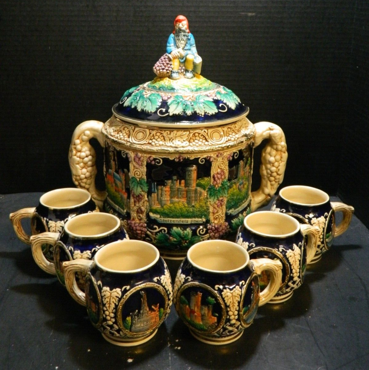 Antique Pre-War (7) Piece Marzi Remy German Castles Stoneware Drink Set Excellen
