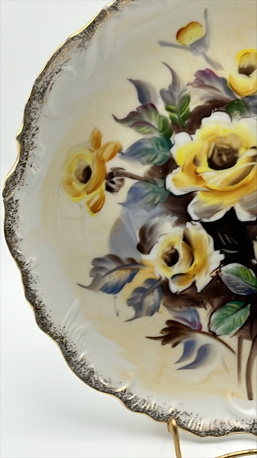 Lot of 2 VTG Brown & Yellow Roses painted & transfer Plates Curated Wall Décor