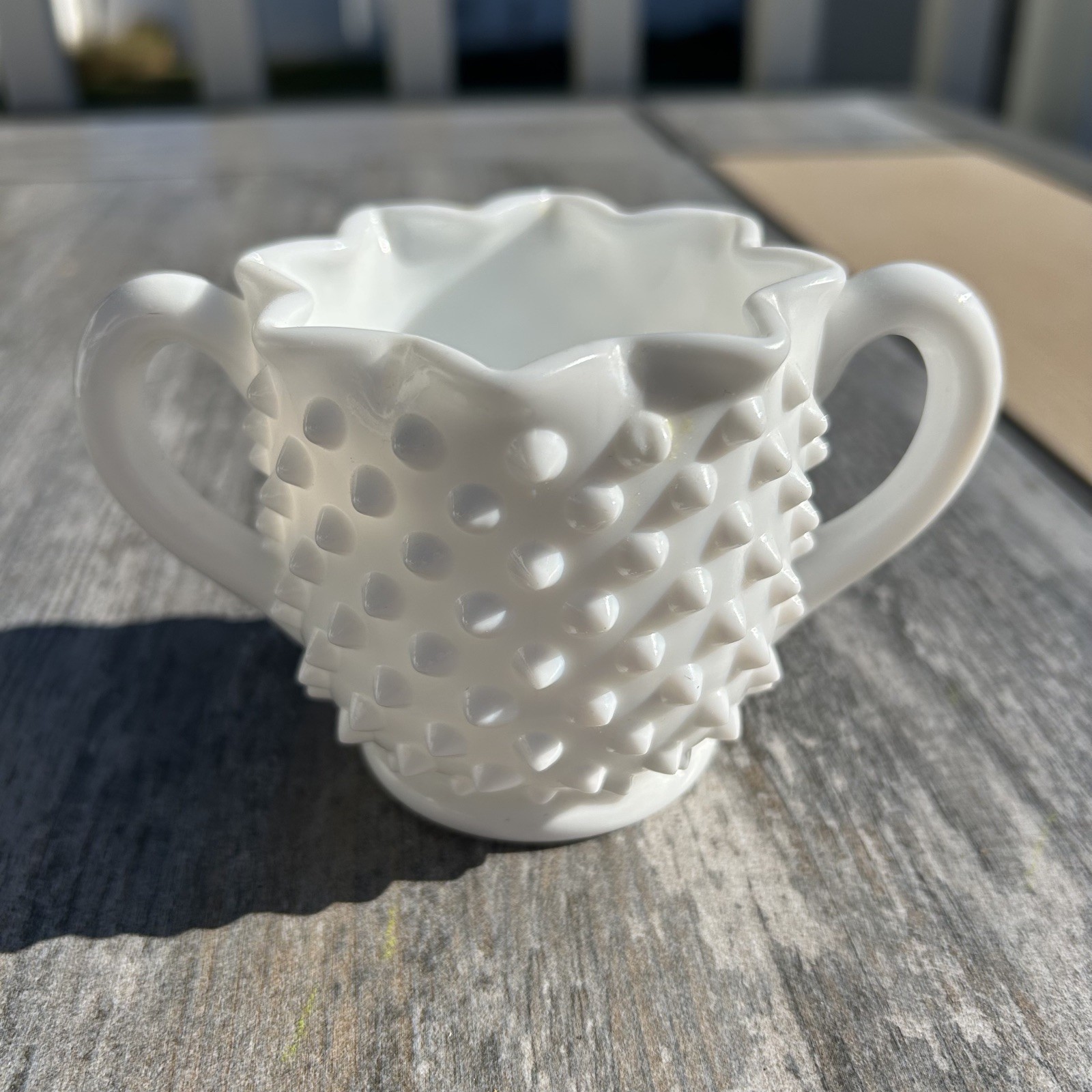Vintage Fenton Hobnail Milk Glass Sugar Bowl Star Shape Open Double Handle 3906