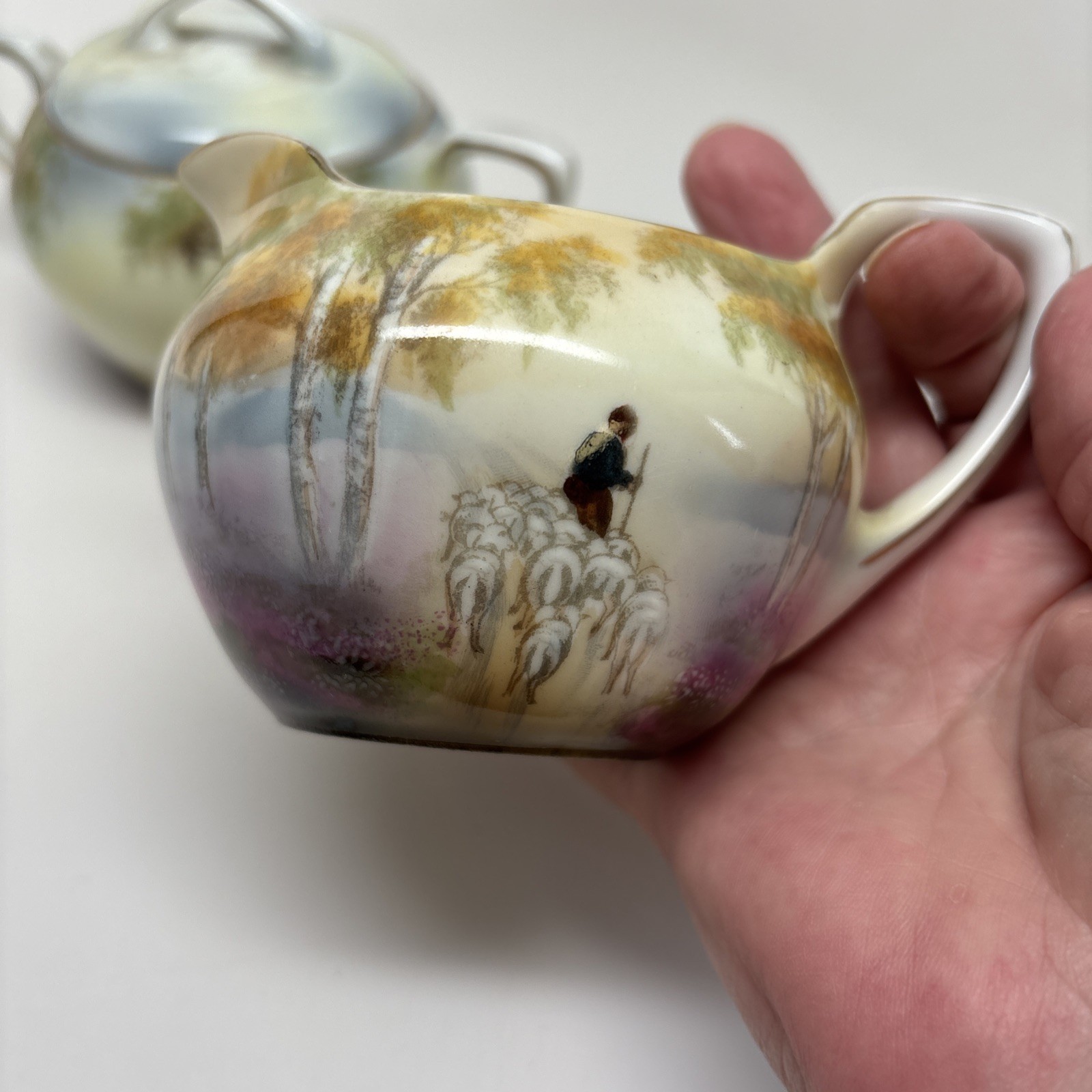 Antique RS Prussia Rare Sugar Creamer Cottage Barn Motif