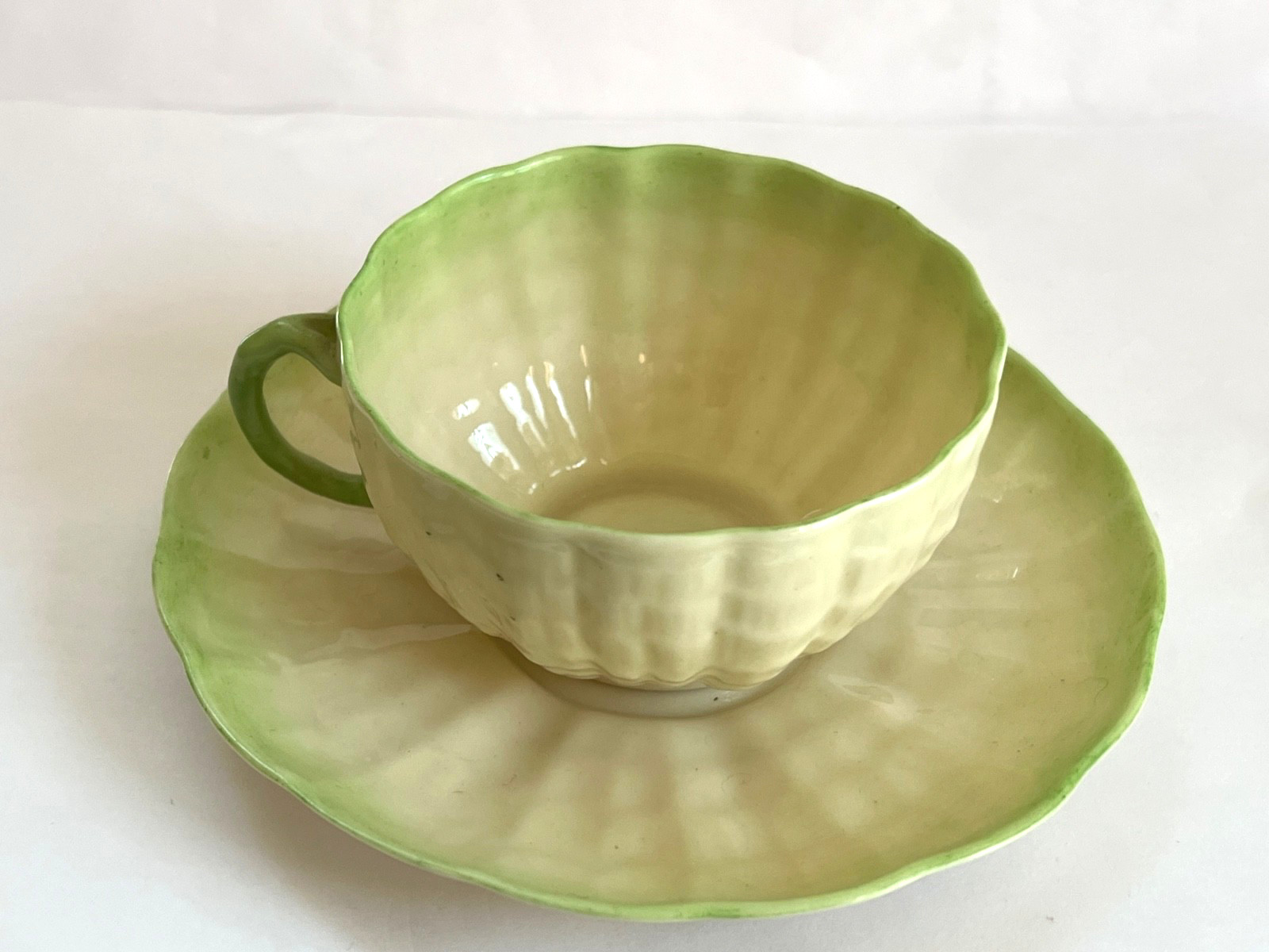IRISH BELLEEK Green Tint TRIDACNA Cup & Saucer – 3rd Black Mark (1926-1946)