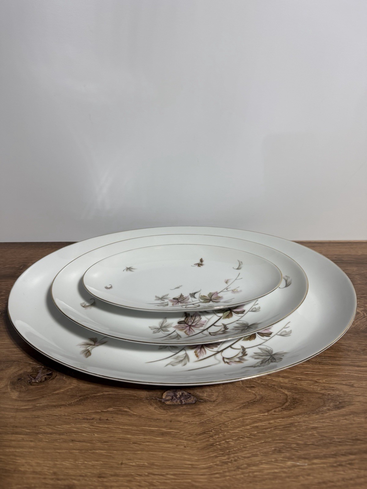 3-Vintage Yamaka China Montreal Oval Serving Platter Pink Gray Leaves 16” 12” 9