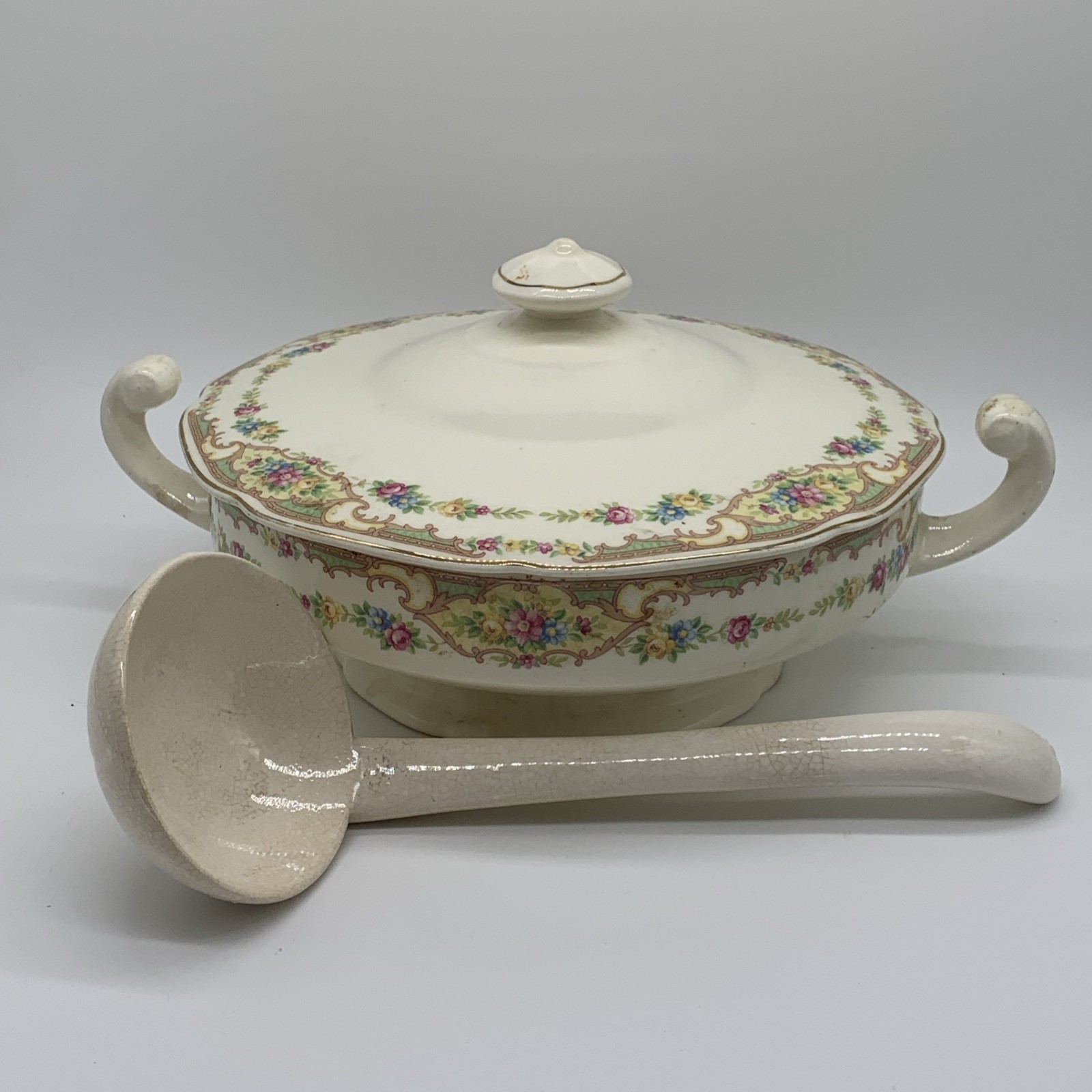 Vintage Ceramic Covered Vegetable Mildred Style, Ladle, Aged Prominent Crazing