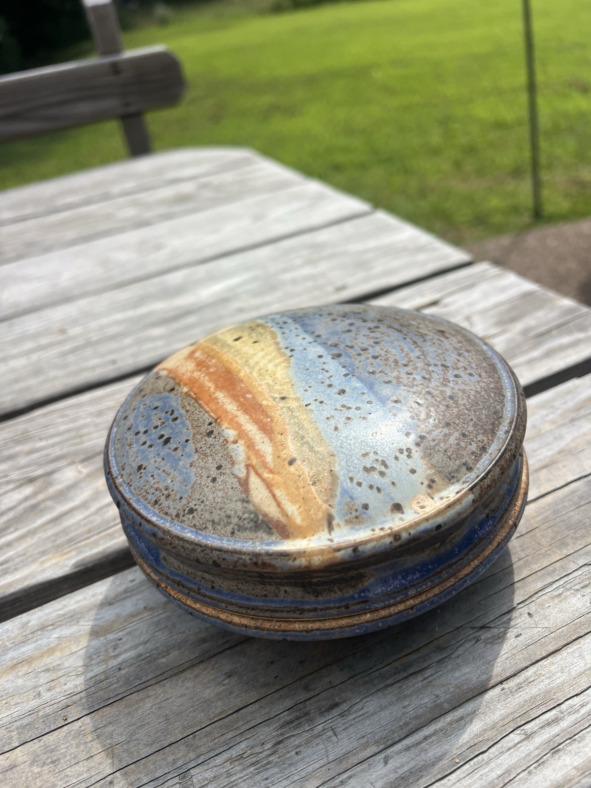 Vintage Studio Pottery Lidded Trinket Dish Signed Blue Brown Glaze Stoneware