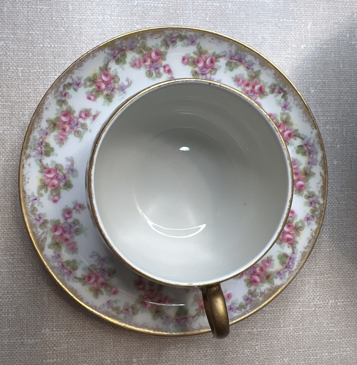 VTG Elite Works Limoges France Bridal Wreath Tea Cup & Saucer Pink Gold Trim