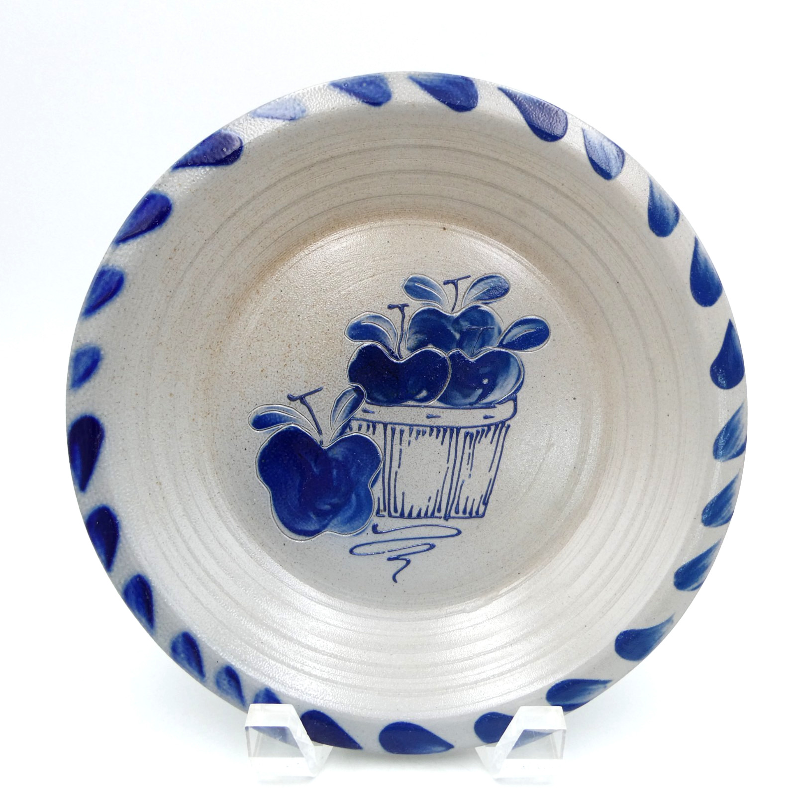 Eldreth Pottery Salt Glazed Apples Pie Plate 8 inch 1993 Stoneware Cobalt Blue
