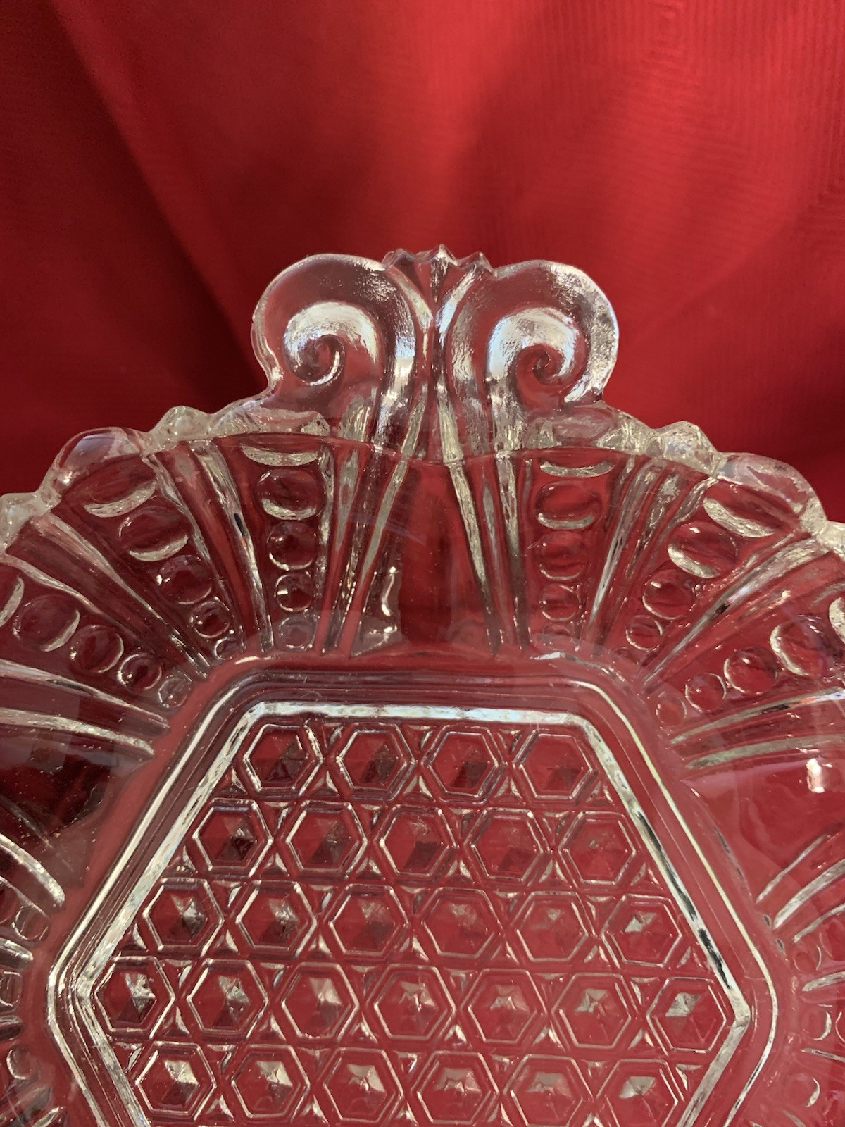 Anchor Hocking Clear Glass Vintage Dish with Hexagon and Dot & Cane Pattern 7.5”