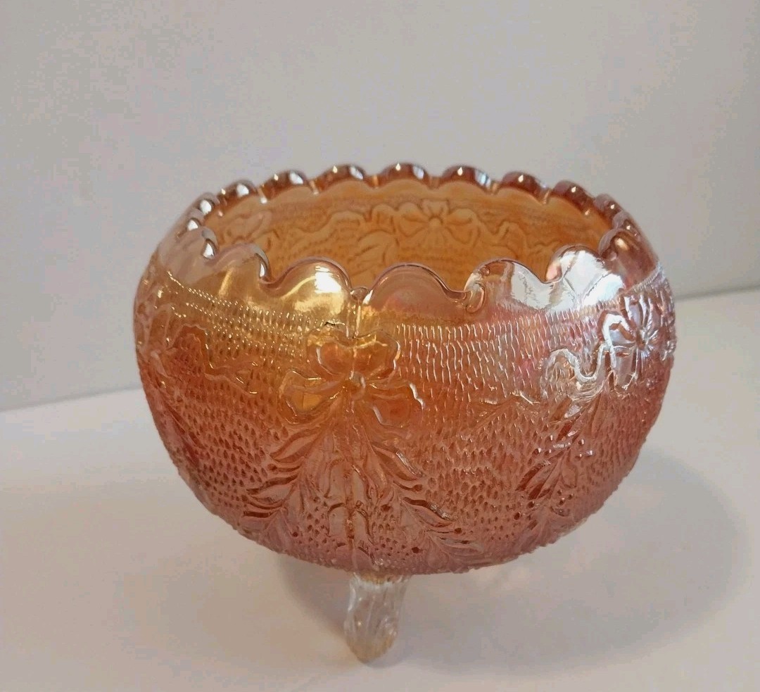 Fenton Marigold Carnival Glass Rose Bowl Garland & Bows 3 Toed