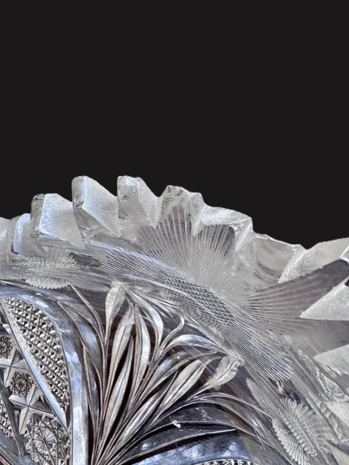 American Brilliant Period ABP Cut Glass Bowl Floral Intaglio Sawtooth 10″
