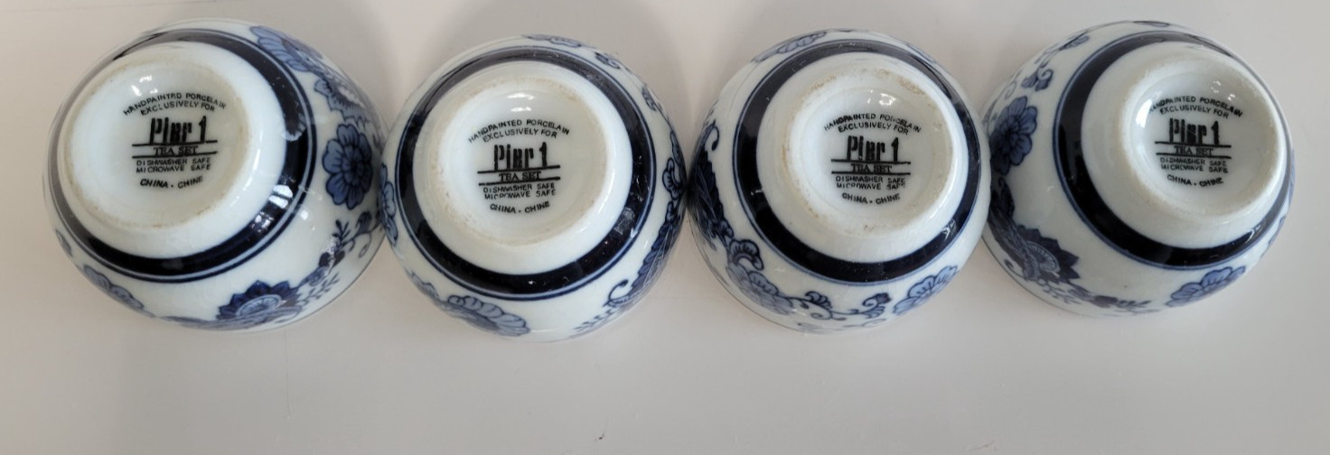 4 PIER 1 IMPORTS PORCELAIN TEA CUPS WHITE AND BLUE 2.25 INCHES HOLDS 6 OZS
