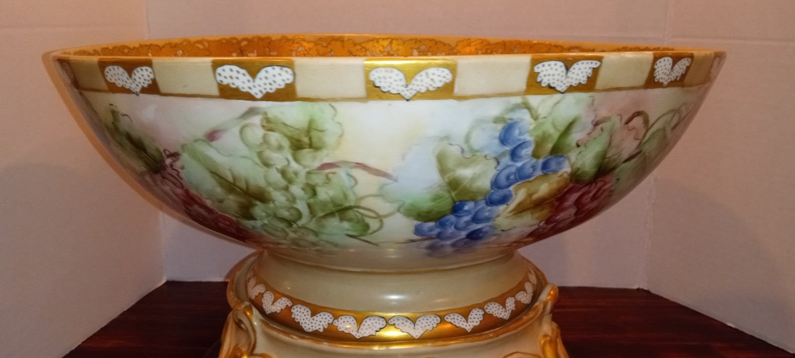 Stunning Antique T&V Limoges Hand-Panted Porcelain Punch Bowl With Matching Base