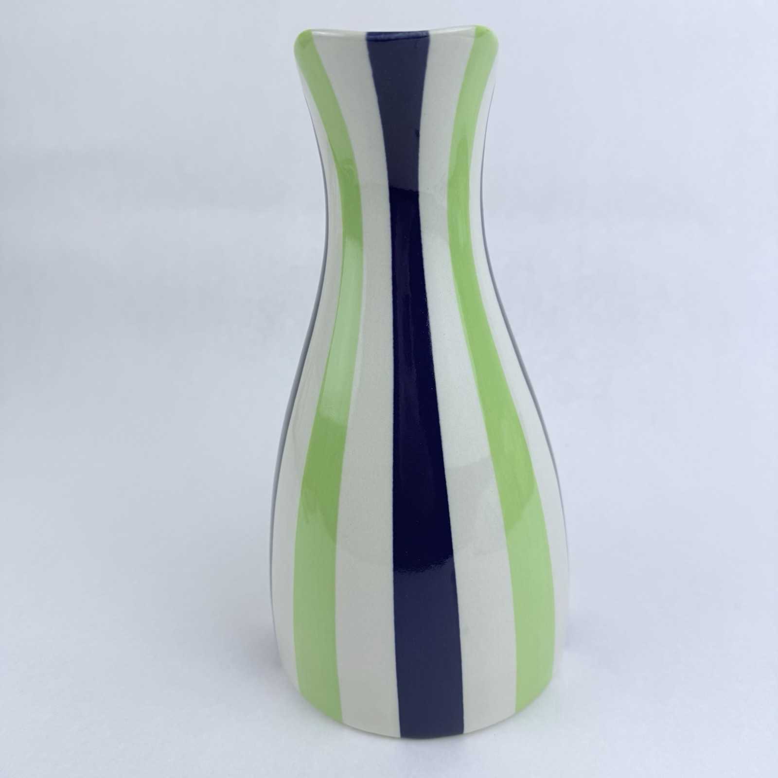 Vintage Jonathan Adler Ceramic Pitcher Pot Porter Green Blue White Stripes 9.5”
