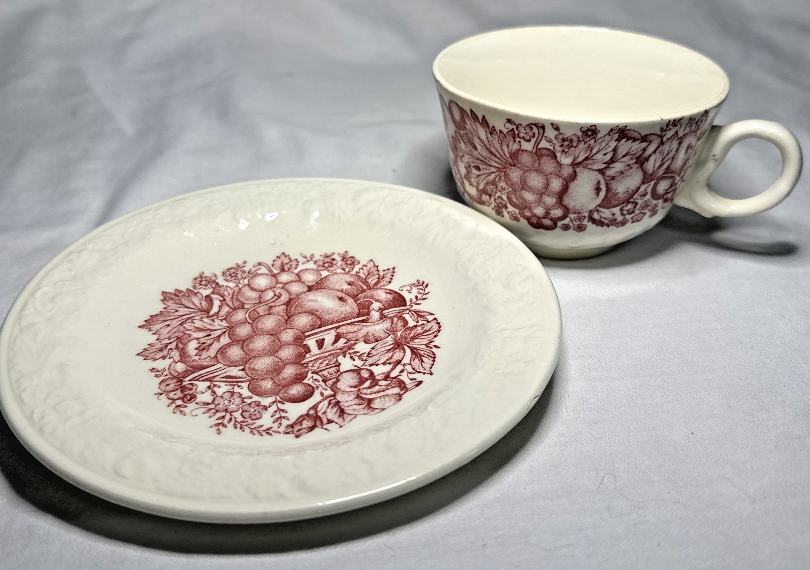 Homer Laughlin Harvest Cup + 2 Saucers USA Vintage Red Transferware