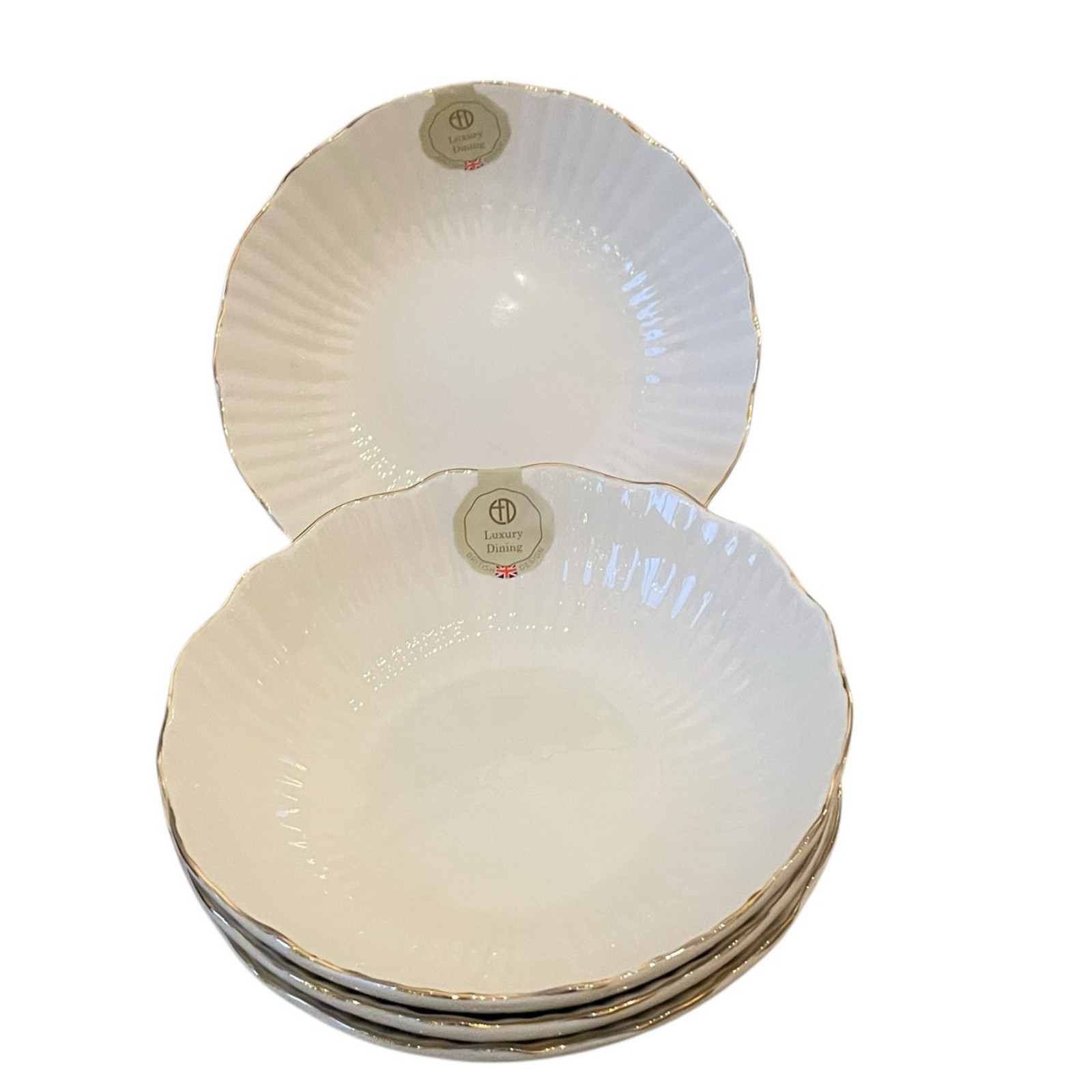 Eaton Fine Dining Porcelain 8.5in Pasta Bowl Set of 4 Aubrey White Gold Trim New