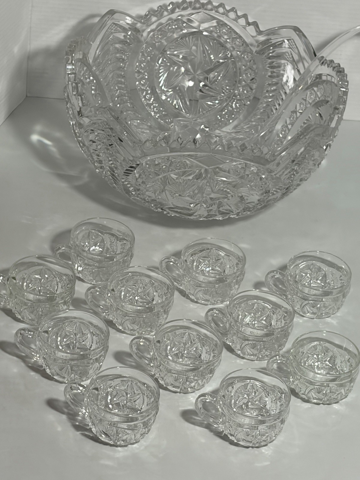 Vtg Rare Pattern Glass Pres Cut Punch Bowl Set LE Smith Stars Feather Horseshoe?