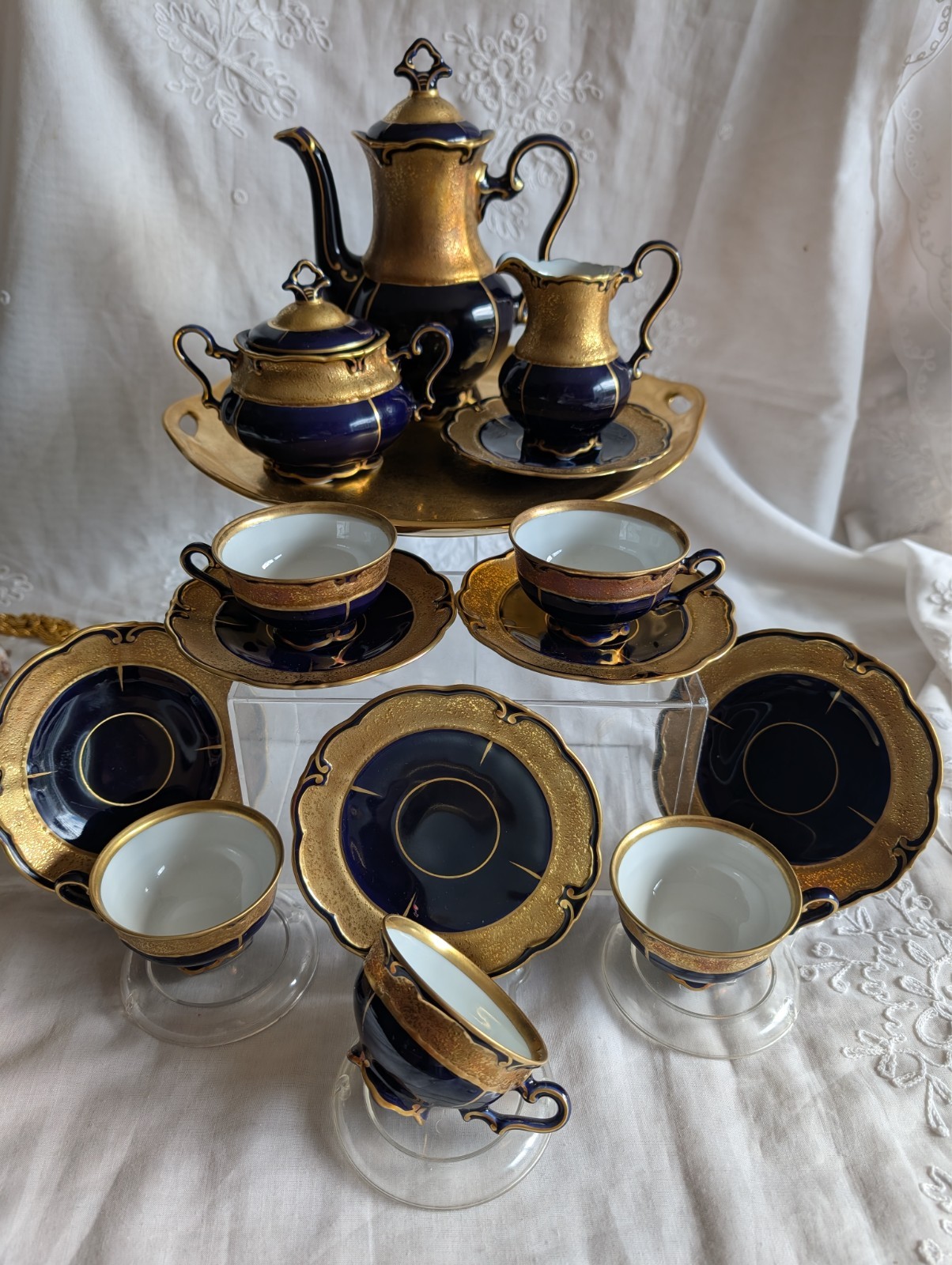 VINTAGE GRAF VON HENNEBERG PORZELLAN ILMENAU GERMANY ECHT KOBALT COFFEE SET 15pc