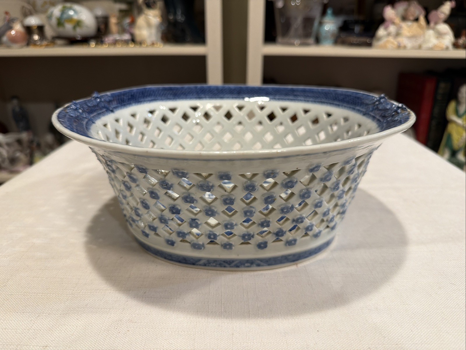 Rare Reticulated Canton Blue and White Chestnut Bowl Antique Transferware