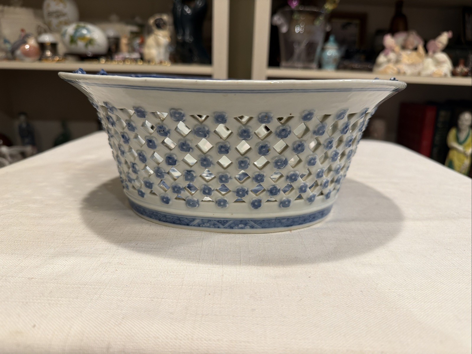 Rare Reticulated Canton Blue and White Chestnut Bowl Antique Transferware