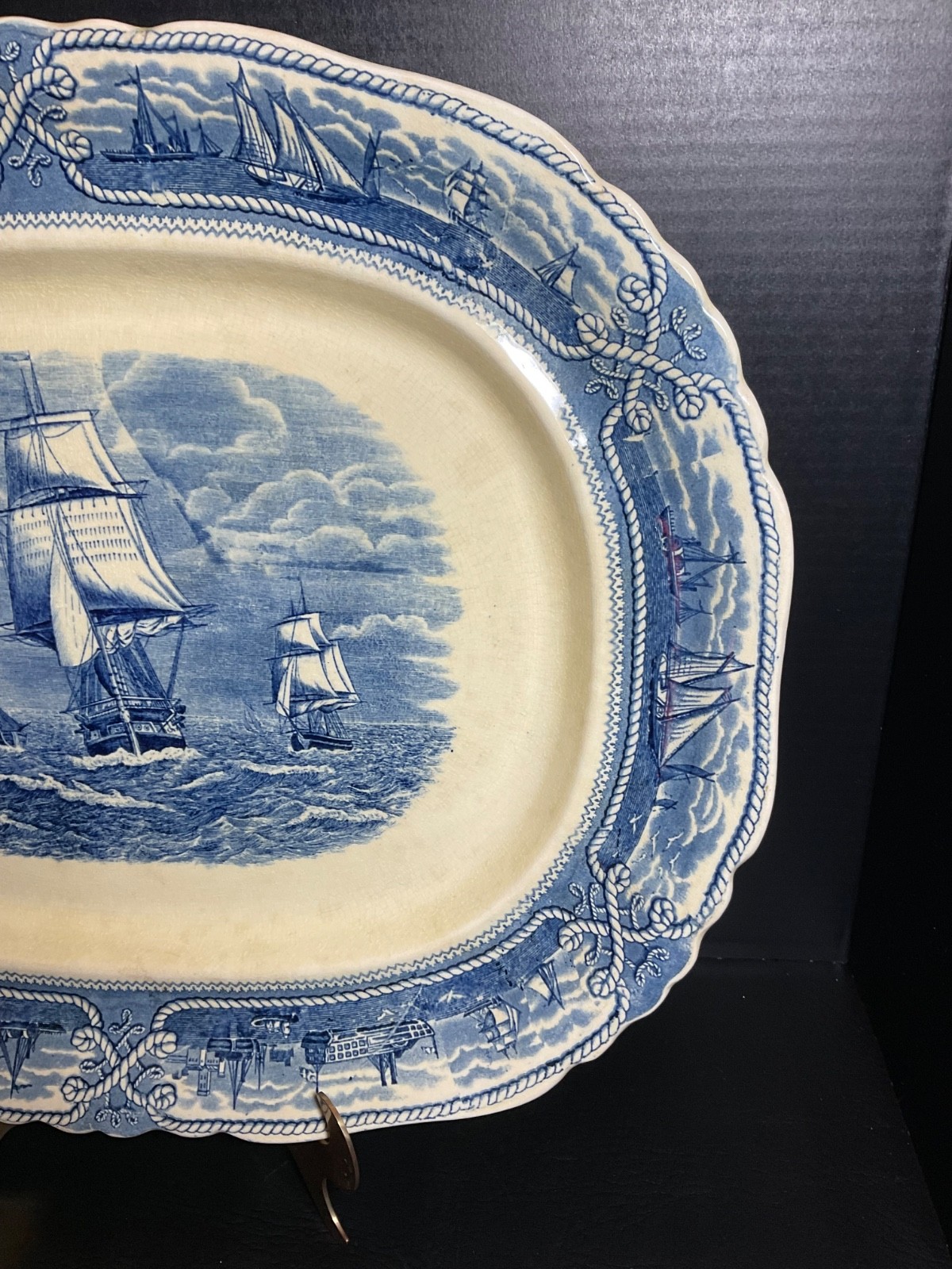 DEFECTIVE Antique Masons AMERICAN MARINE Ironstone Oval Blue 19 Platter G3D
