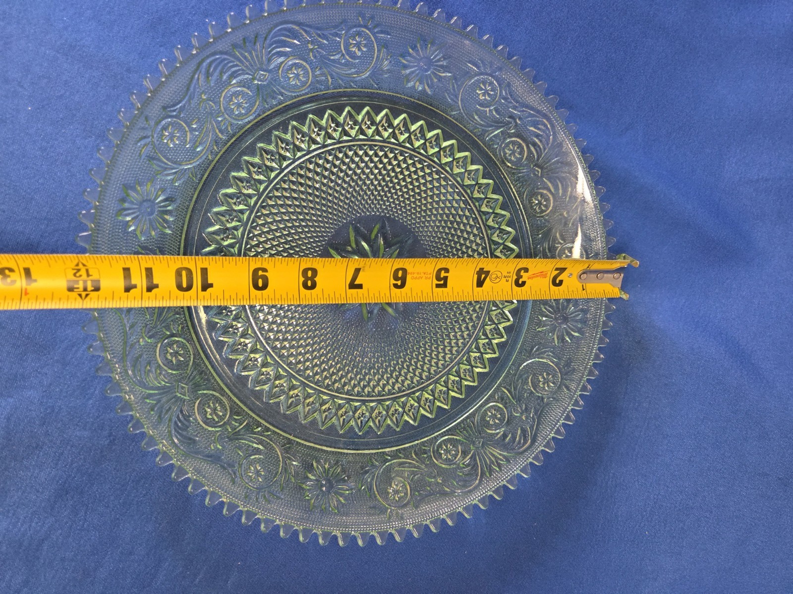 Vintage Indiana Glass Chantilly Tiara Green Saw Tooth Torte Plate Platter 12″