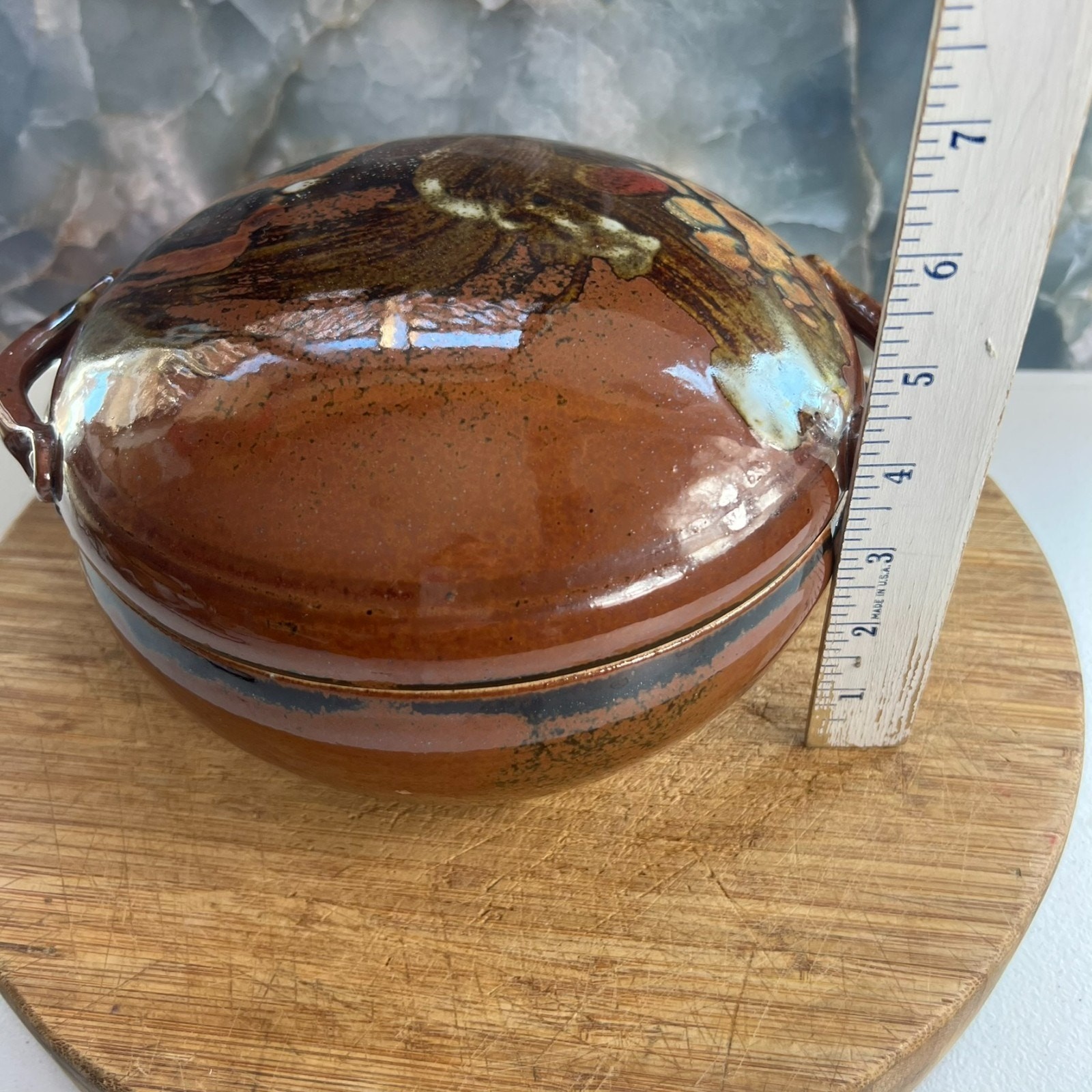 Art Studio Pottery Casserole With Handles & Lid 8″ Stoneware Brown Glazed 80s