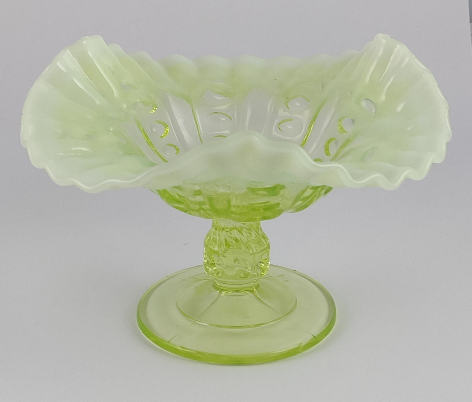 Antique Dugan Canary Opalescent Vaseline Glass Coin Spot Compote UV Glow