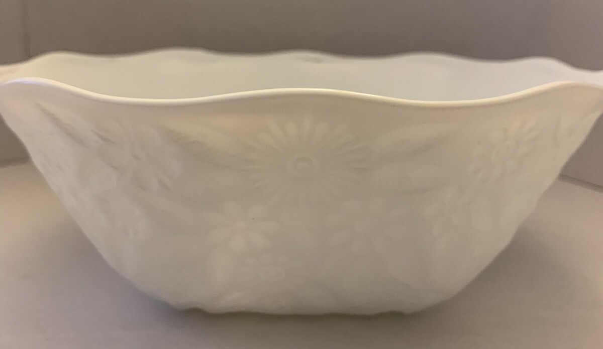 Vintage Indiana Glass Milk Glass Five Sided Bowl w/ Imprinted Daisies