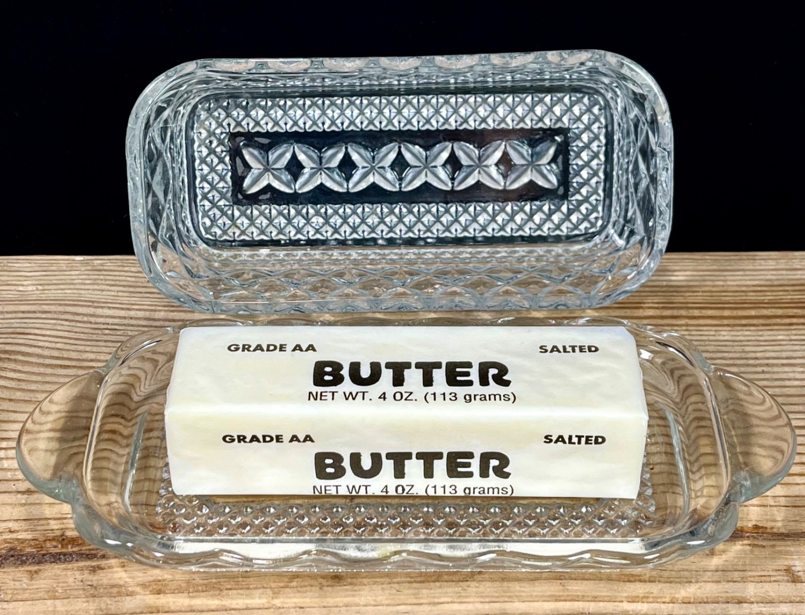 Vintage Anchor Hocking Wexford Cut Glass Covered Butter Dish 2 Pc with Lid