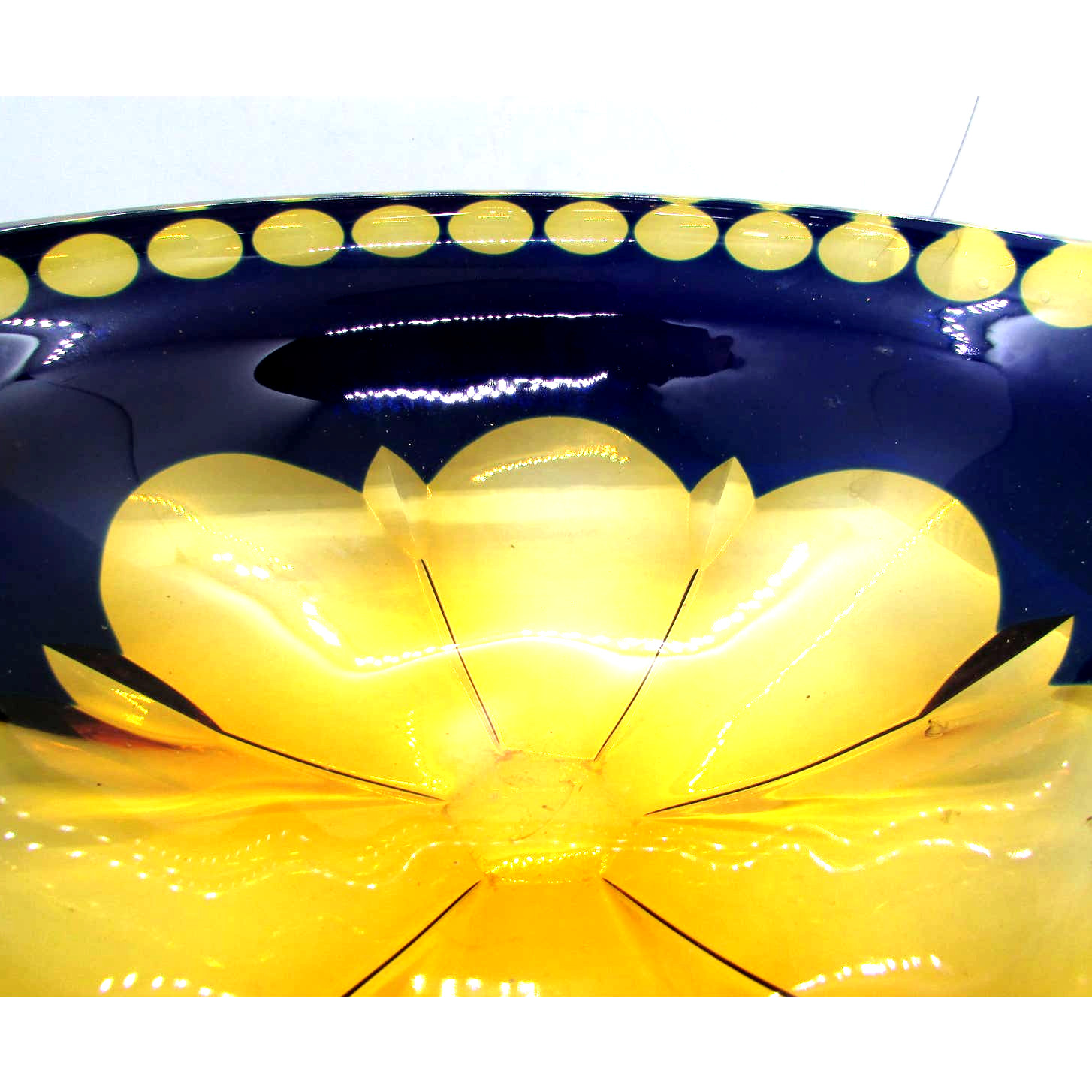 Cristallo Al Piombo 24% pbo Large Art Glass Bowl Italy Cobalt Blue Yellow Flower