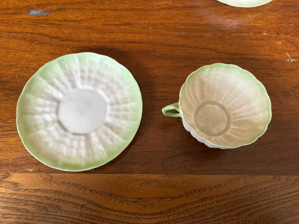 Vintage Belleek Ireland Pink and Green Shell Teacup & Saucer Sets Porcelain