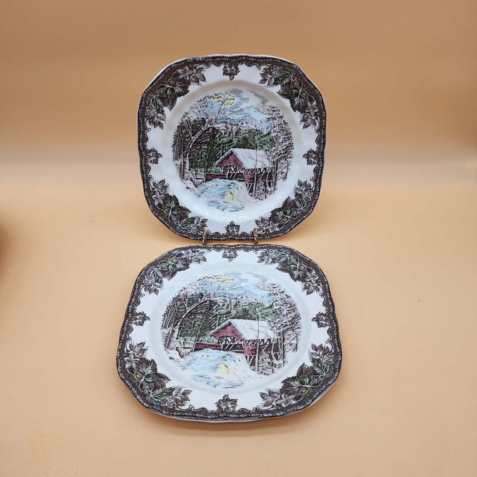 2 Johnson Brothers Friendly Village Covered Bridge Square Salad Plates-7.1/2″